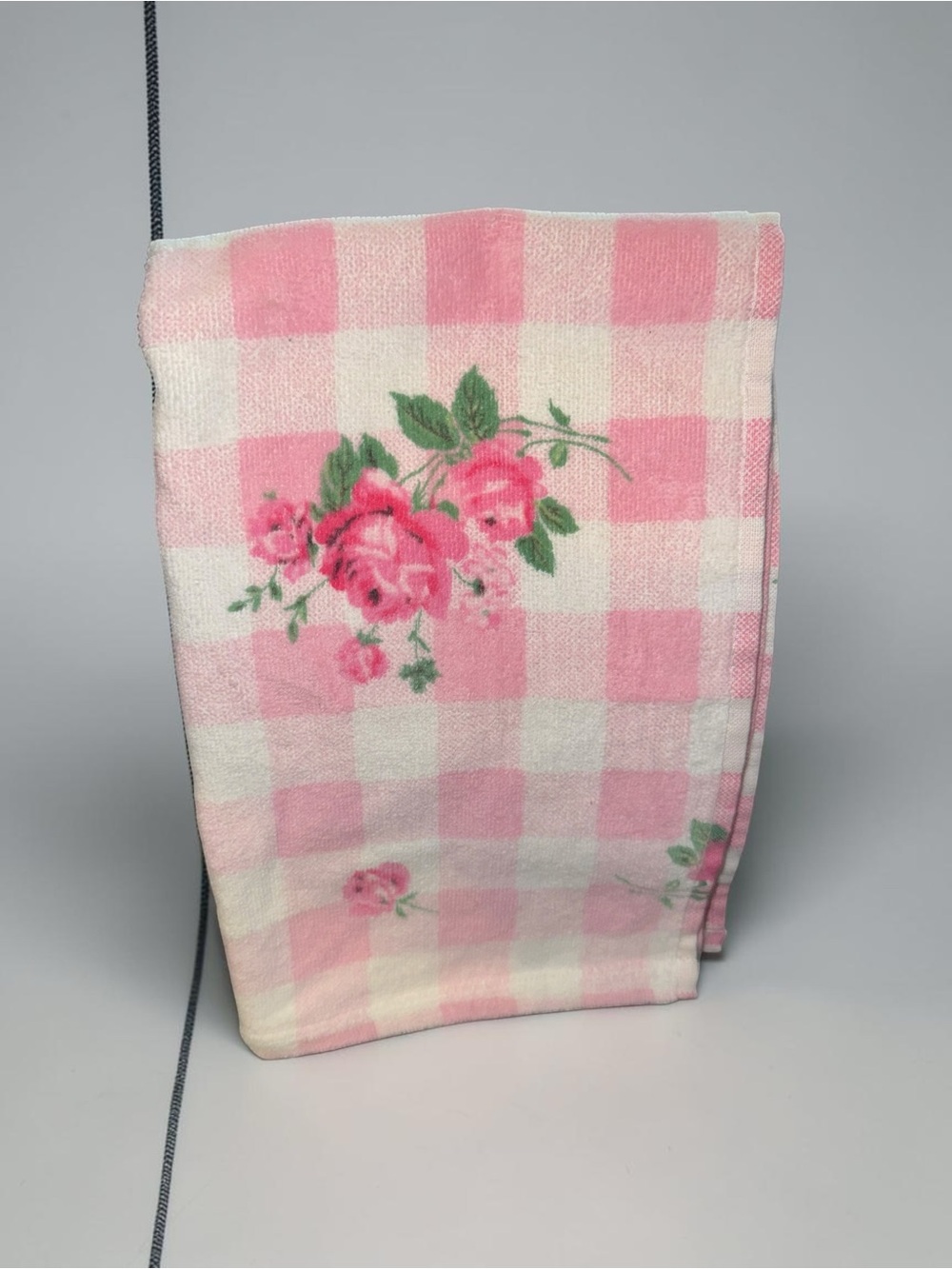 Betsey Johnson Pink Gingham Floral Rose Hand Towel 100% Cotton NEW